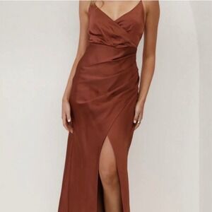 Billy J Elsa Midi Dress Women Size 6 Rust NWT Satin Ruched Wrap Front Slit